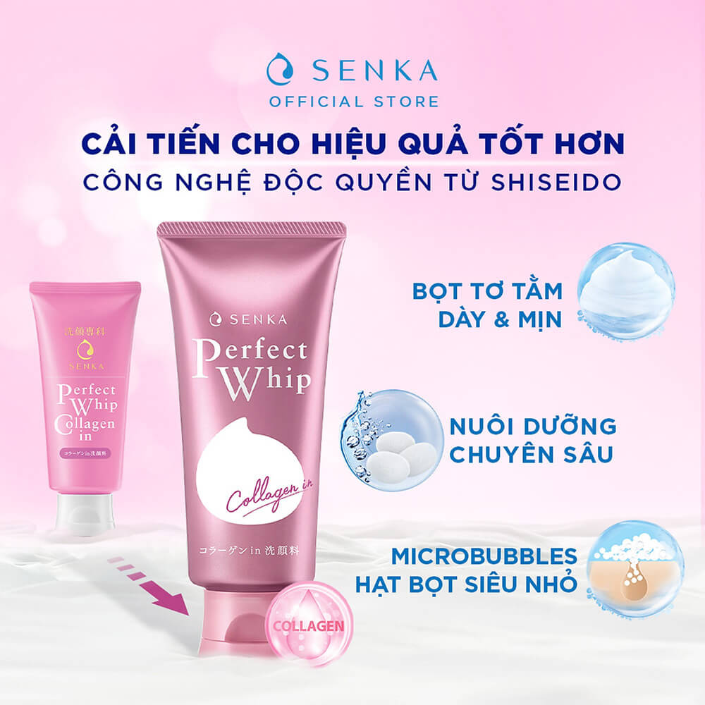 Sữa rửa mặt Senka hồng Perfect Whip Collagen In dưỡng trắng