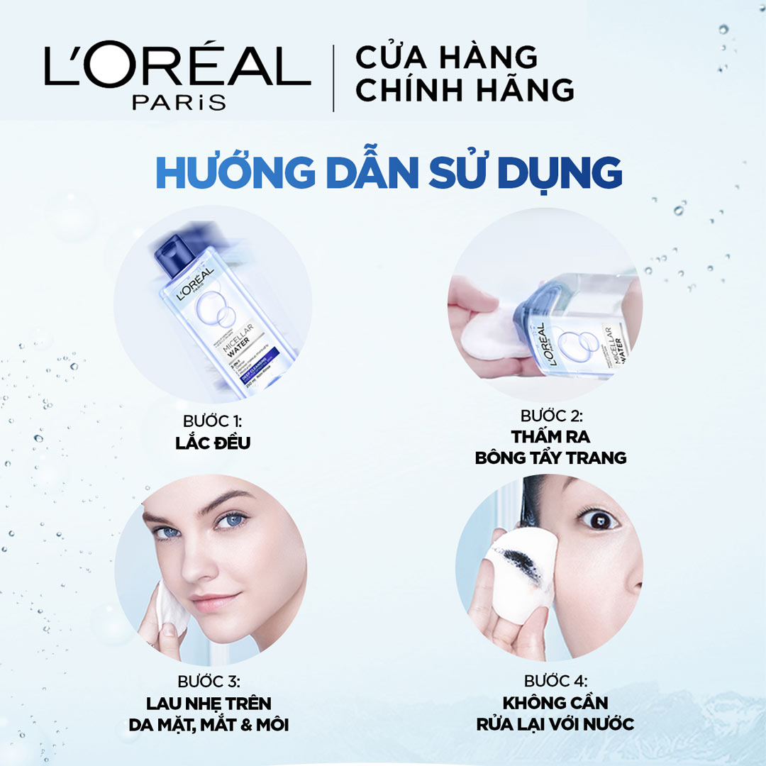 hướng dẫn sử dụng Nước Tẩy Trang L'Oreal Micellar Water 3-in-1 Deep Cleansing Even For Sensitive Skin Làm Sạch Sâu Trang Điểm