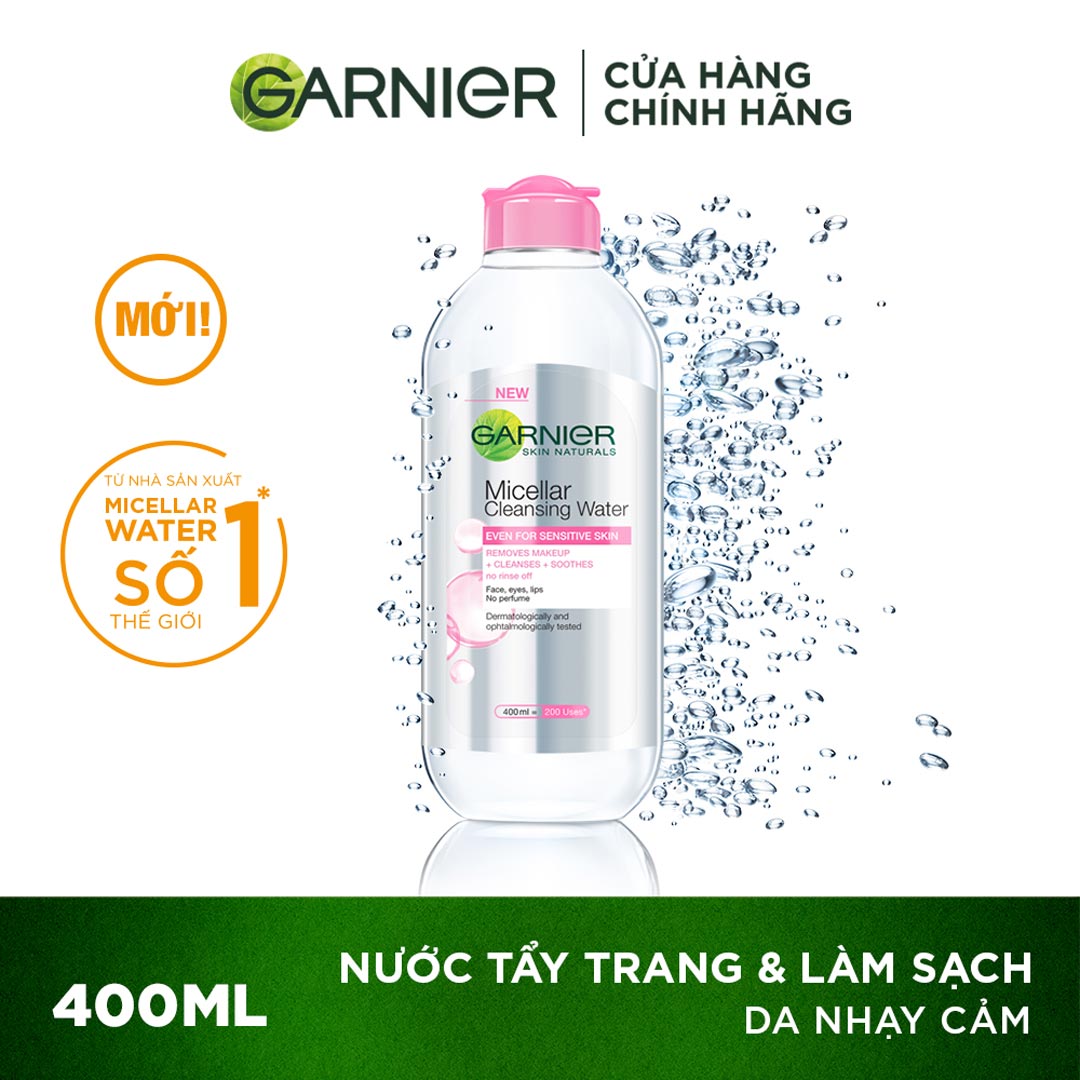 Review nước tẩy trang Garnier màu hồng cho da nhạy cảm Garnier Micellar Cleansing Water For Sensitive Skin (nắp hồng)