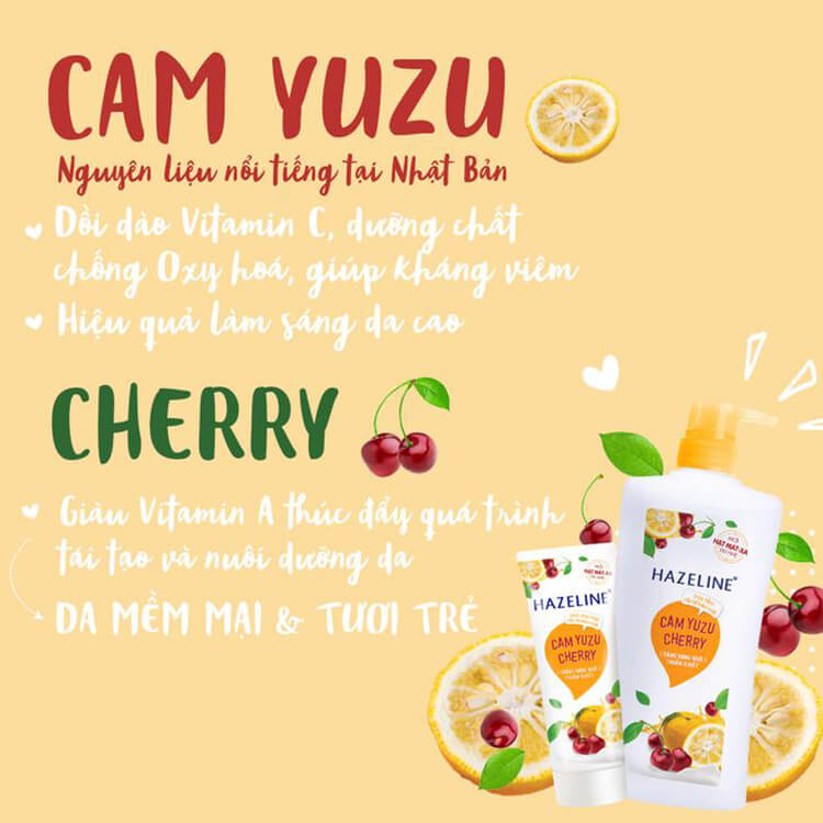 Sữa tắm Hazeline cam yuzu cherry tẩy tế bào chết
