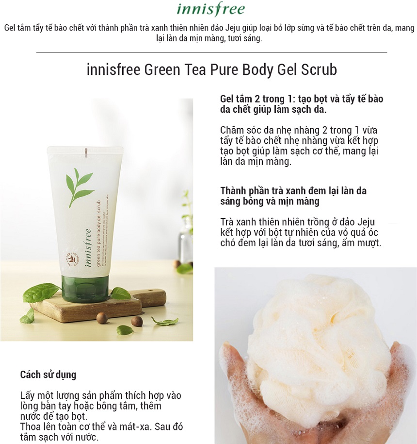 Cách dùng tẩy tế bào chết body Innisfree Green Tea Pure Body Gel Scrub